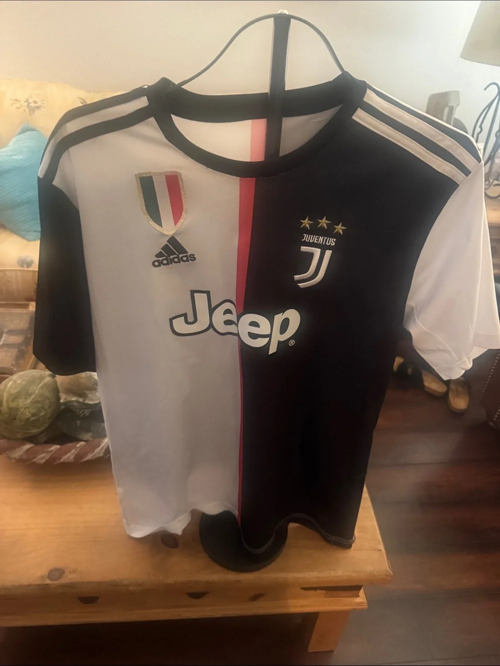 adidas  Black & White Juventus Soccer Jersey with Pink Center Stripe